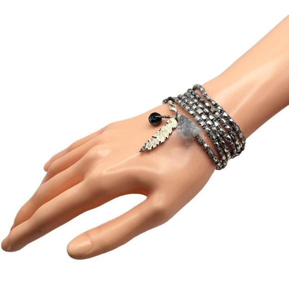 NWT Silver Beaded Braided Multi Wrap Feather Charm Bracelet - Picture 2 of 10